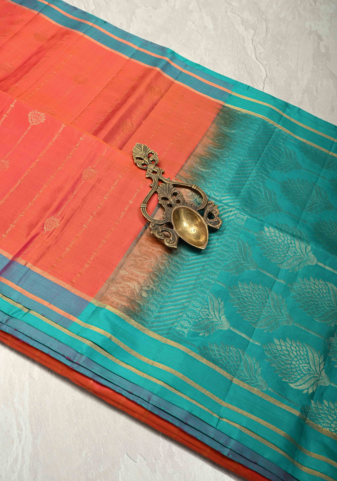 Orange-Pink Dual Tone Lightweight Pure Kanjivaram Soft Silk Saree with Zari Stripes and Contrast Blue Minimal Border | SILK MARK CERTIFIED