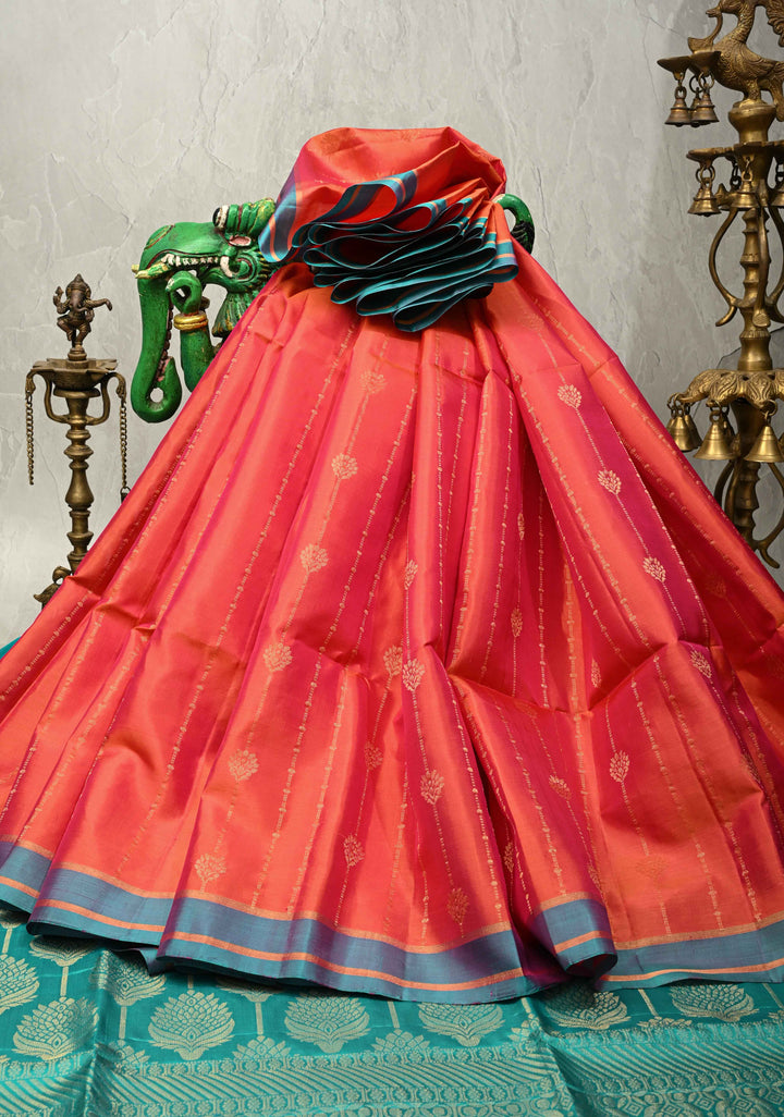 Orange-Pink Dual Tone Lightweight Pure Kanjivaram Soft Silk Saree with Zari Stripes and Contrast Blue Minimal Border | SILK MARK CERTIFIED