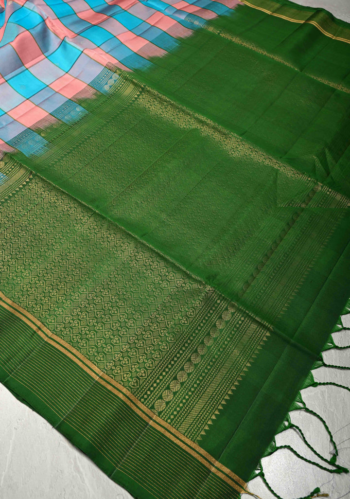 Bright Peach-Blue Lightweight Palum Pazhamum Pure Kanjivaram Soft Silk Saree with Zari Buttas and Contrast Green Border | SILK MARK CERTIFIED