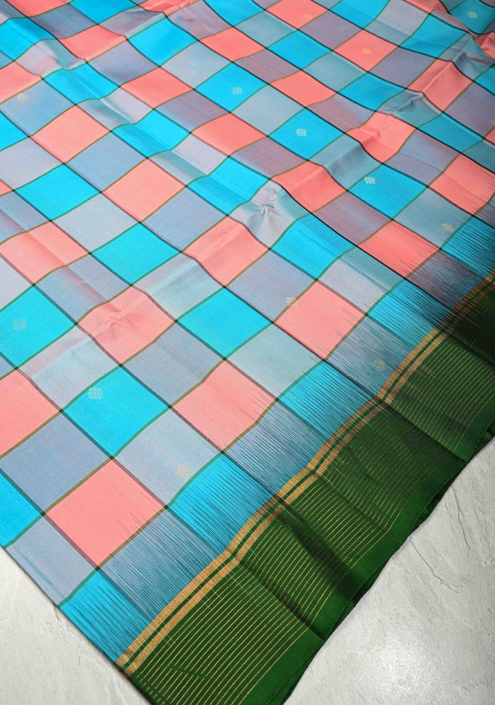 Bright Peach-Blue Lightweight Palum Pazhamum Pure Kanjivaram Soft Silk Saree with Zari Buttas and Contrast Green Border | SILK MARK CERTIFIED