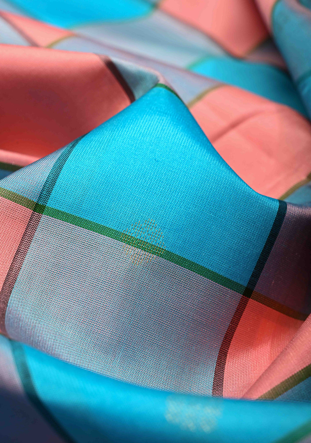 Bright Peach-Blue Lightweight Palum Pazhamum Pure Kanjivaram Soft Silk Saree with Zari Buttas and Contrast Green Border | SILK MARK CERTIFIED