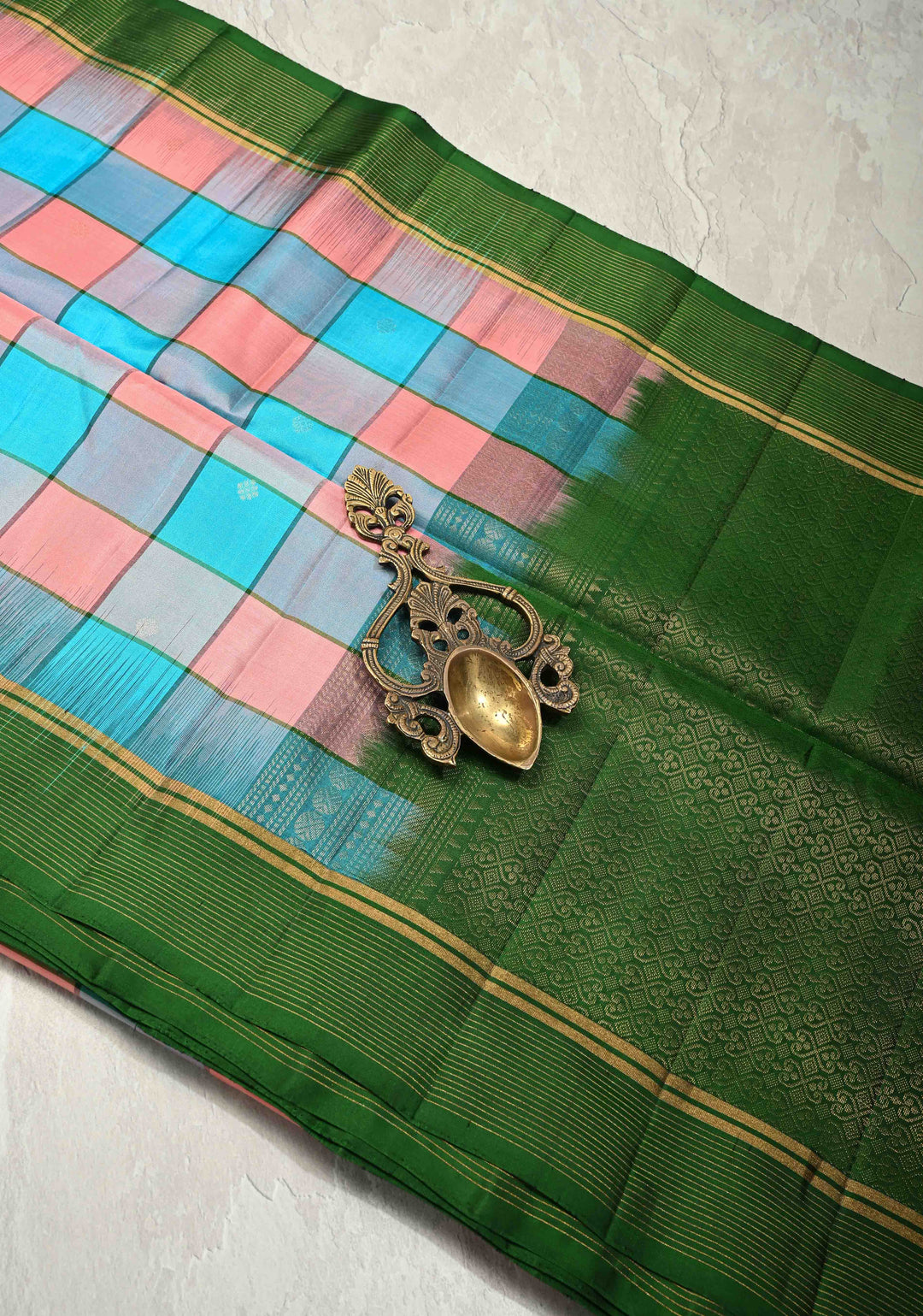 Bright Peach-Blue Lightweight Palum Pazhamum Pure Kanjivaram Soft Silk Saree with Zari Buttas and Contrast Green Border | SILK MARK CERTIFIED