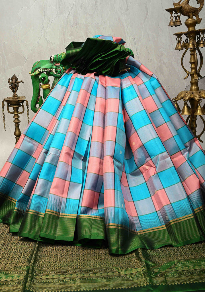 Bright Peach-Blue Lightweight Palum Pazhamum Pure Kanjivaram Soft Silk Saree with Zari Buttas and Contrast Green Border | SILK MARK CERTIFIED