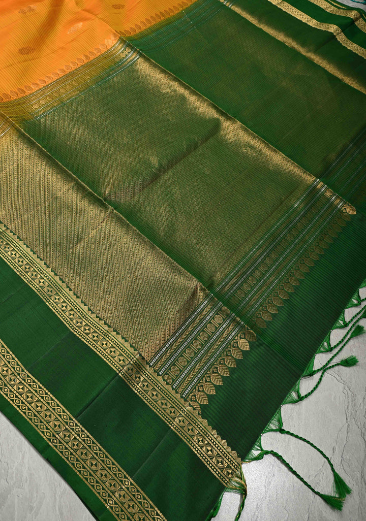 Mango Yellow Lightweight Pure Kanjivaram Soft Silk Saree with Zari Buttas and Contrast Green Rettiapet Zari Border | SILK MARK CERTIFIED