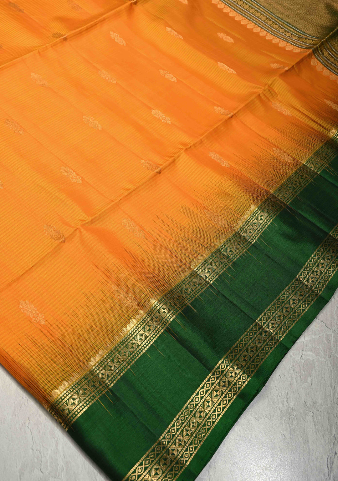 Mango Yellow Lightweight Pure Kanjivaram Soft Silk Saree with Zari Buttas and Contrast Green Rettiapet Zari Border | SILK MARK CERTIFIED