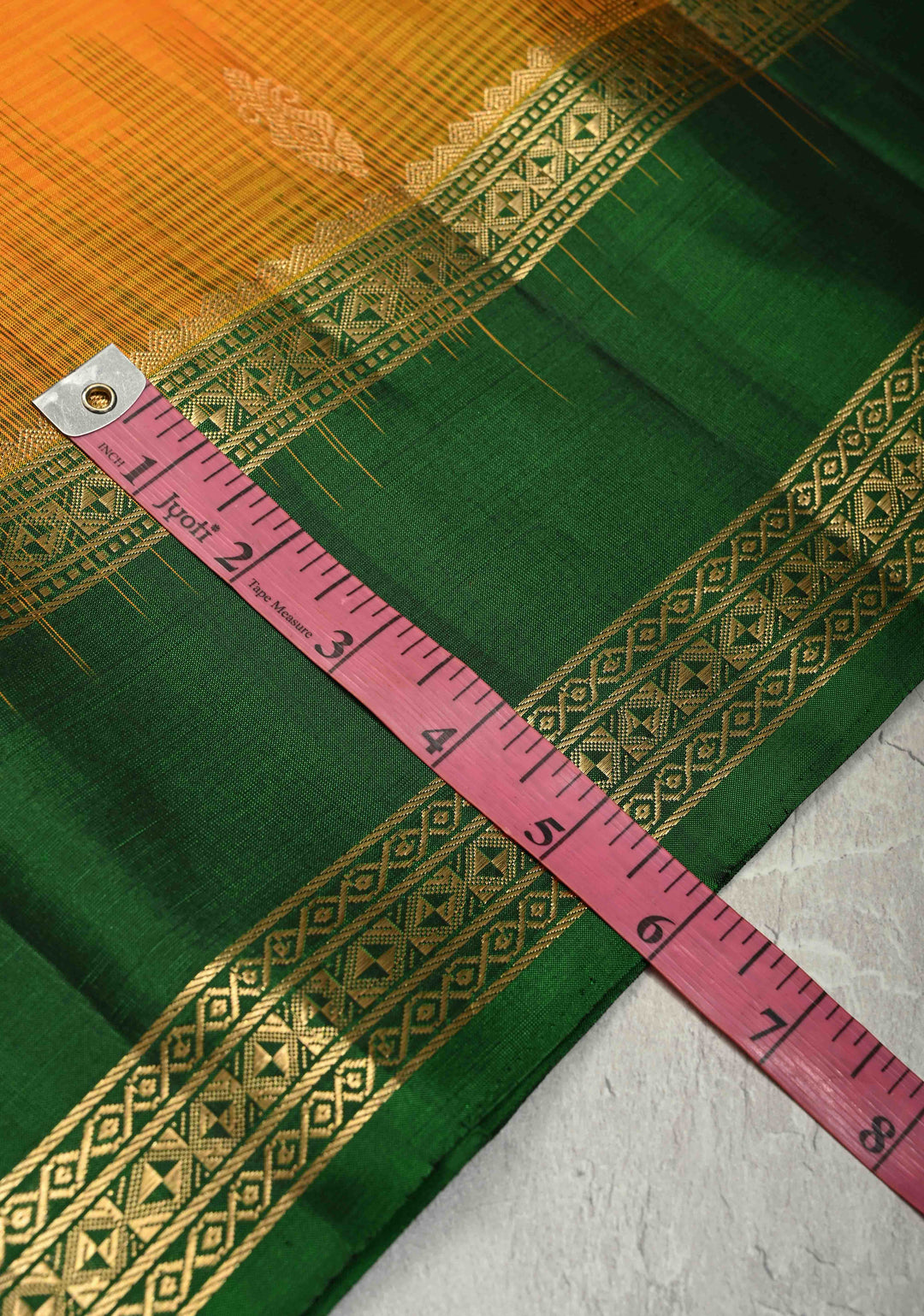 Mango Yellow Lightweight Pure Kanjivaram Soft Silk Saree with Zari Buttas and Contrast Green Rettiapet Zari Border | SILK MARK CERTIFIED