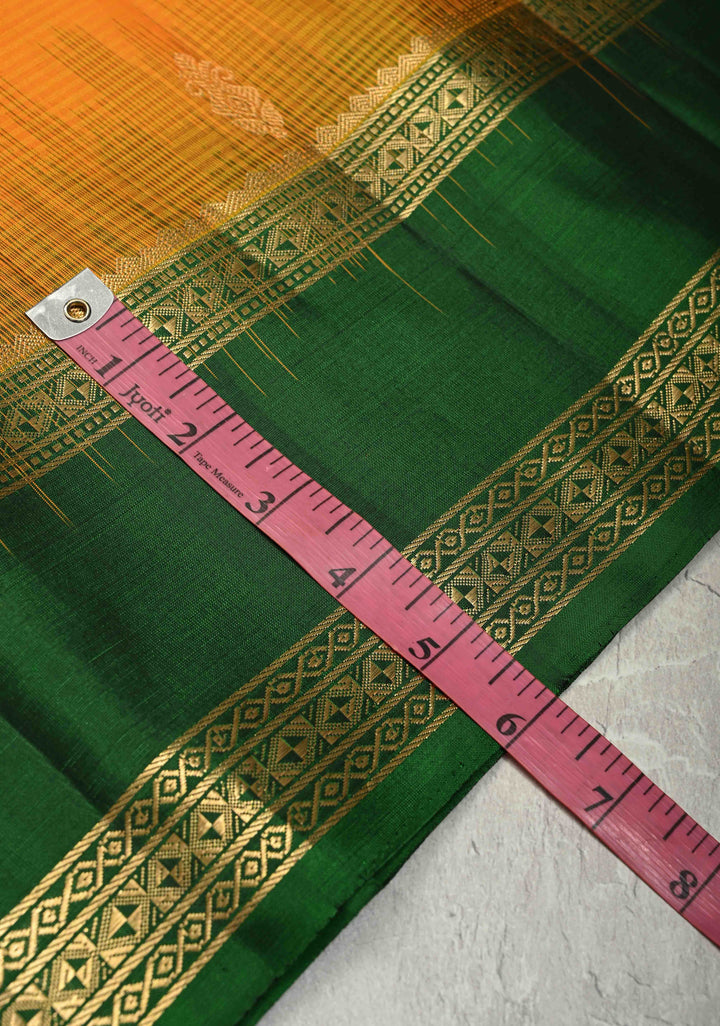 Mango Yellow Lightweight Pure Kanjivaram Soft Silk Saree with Zari Buttas and Contrast Green Rettiapet Zari Border | SILK MARK CERTIFIED