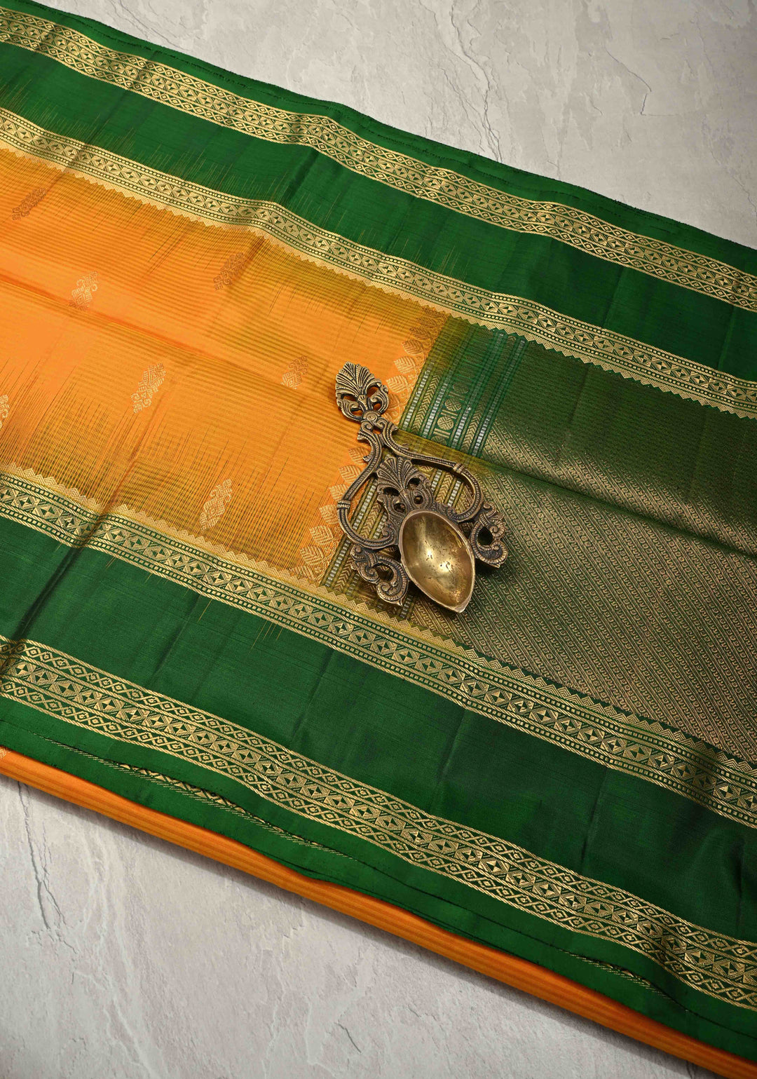 Mango Yellow Lightweight Pure Kanjivaram Soft Silk Saree with Zari Buttas and Contrast Green Rettiapet Zari Border | SILK MARK CERTIFIED