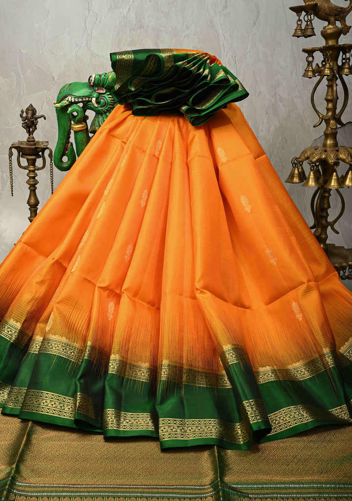 Mango Yellow Lightweight Pure Kanjivaram Soft Silk Saree with Zari Buttas and Contrast Green Rettiapet Zari Border | SILK MARK CERTIFIED