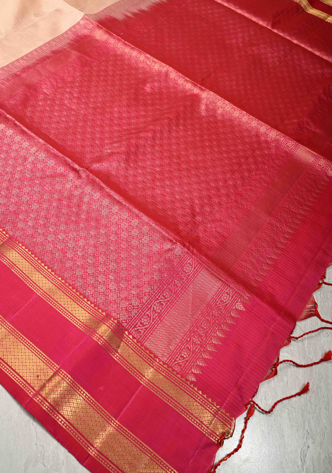 Beige Ivory Pure Kanjivaram Soft Silk Saree with Zari Buttas and Contrast Pink Rettiapet Zari Border | SILK MARK CERTIFIED