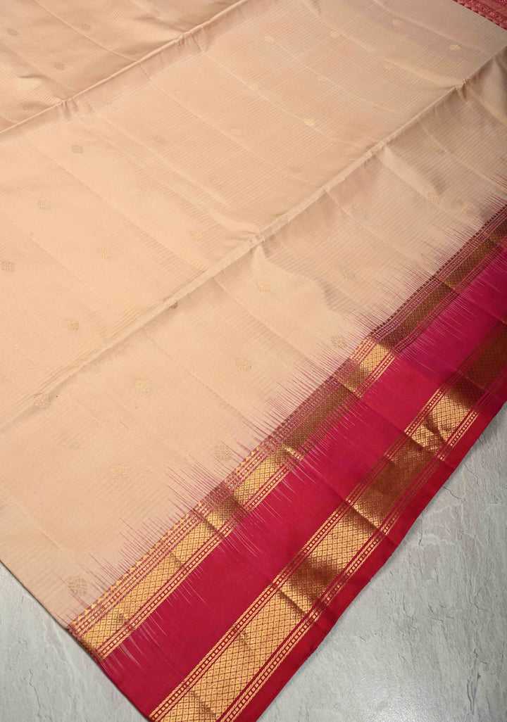 Beige Ivory Pure Kanjivaram Soft Silk Saree with Zari Buttas and Contrast Pink Rettiapet Zari Border | SILK MARK CERTIFIED