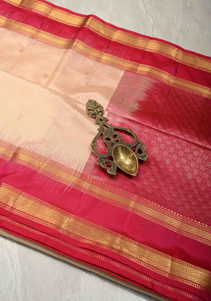 Beige Ivory Pure Kanjivaram Soft Silk Saree with Zari Buttas and Contrast Pink Rettiapet Zari Border | SILK MARK CERTIFIED