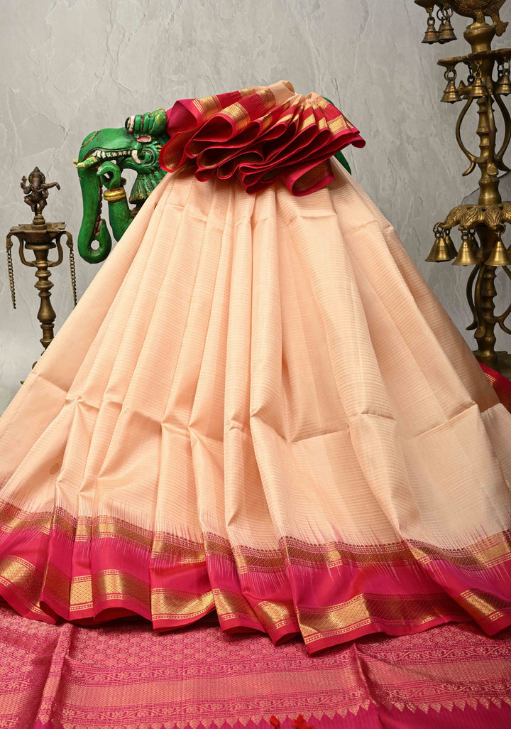 Beige Ivory Pure Kanjivaram Soft Silk Saree with Zari Buttas and Contrast Pink Rettiapet Zari Border | SILK MARK CERTIFIED