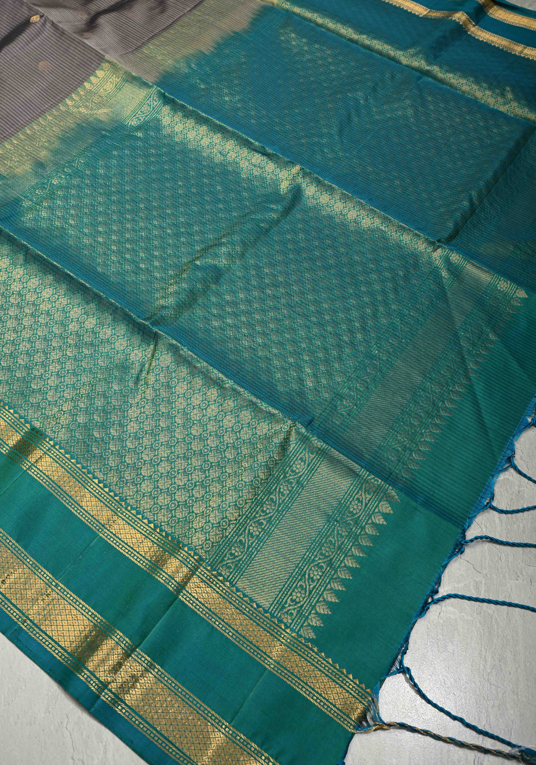Cement Gray Pure Kanjivaram Soft Silk Saree with Zari Buttas and Contrast Turquoise Blue Rettiapet Zari Border | SILK MARK CERTIFIED