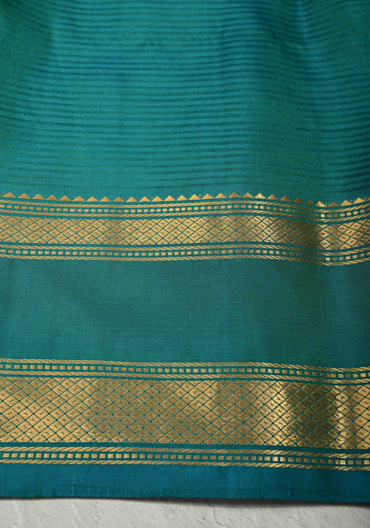 Cement Gray Pure Kanjivaram Soft Silk Saree with Zari Buttas and Contrast Turquoise Blue Rettiapet Zari Border | SILK MARK CERTIFIED