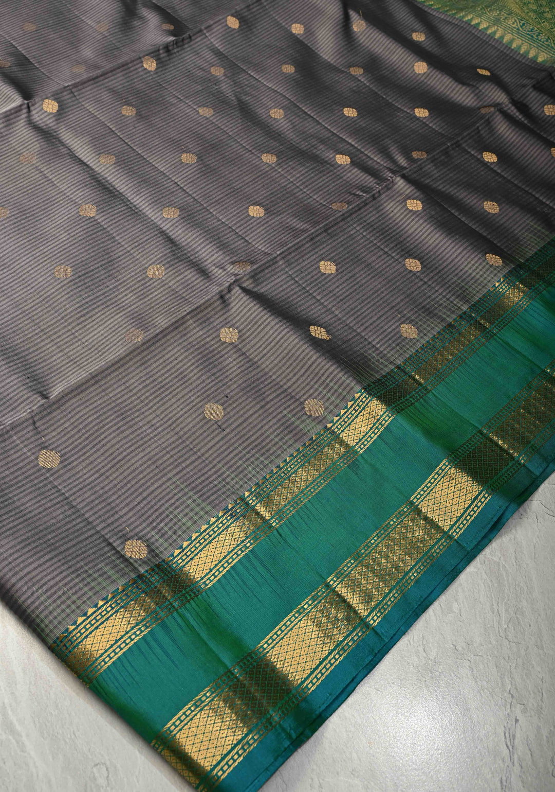 Cement Gray Pure Kanjivaram Soft Silk Saree with Zari Buttas and Contrast Turquoise Blue Rettiapet Zari Border | SILK MARK CERTIFIED