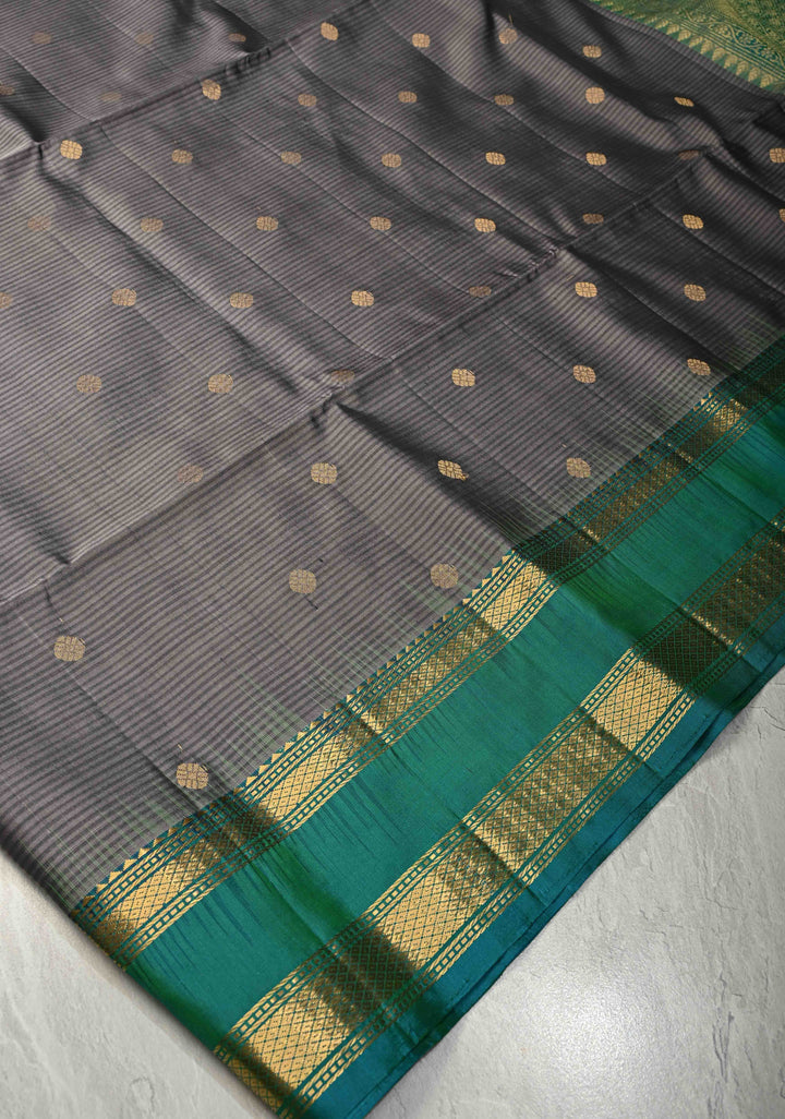 Cement Gray Pure Kanjivaram Soft Silk Saree with Zari Buttas and Contrast Turquoise Blue Rettiapet Zari Border | SILK MARK CERTIFIED