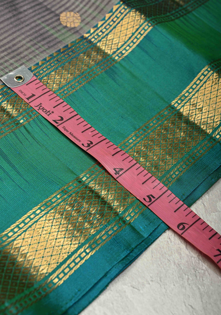 Cement Gray Pure Kanjivaram Soft Silk Saree with Zari Buttas and Contrast Turquoise Blue Rettiapet Zari Border | SILK MARK CERTIFIED