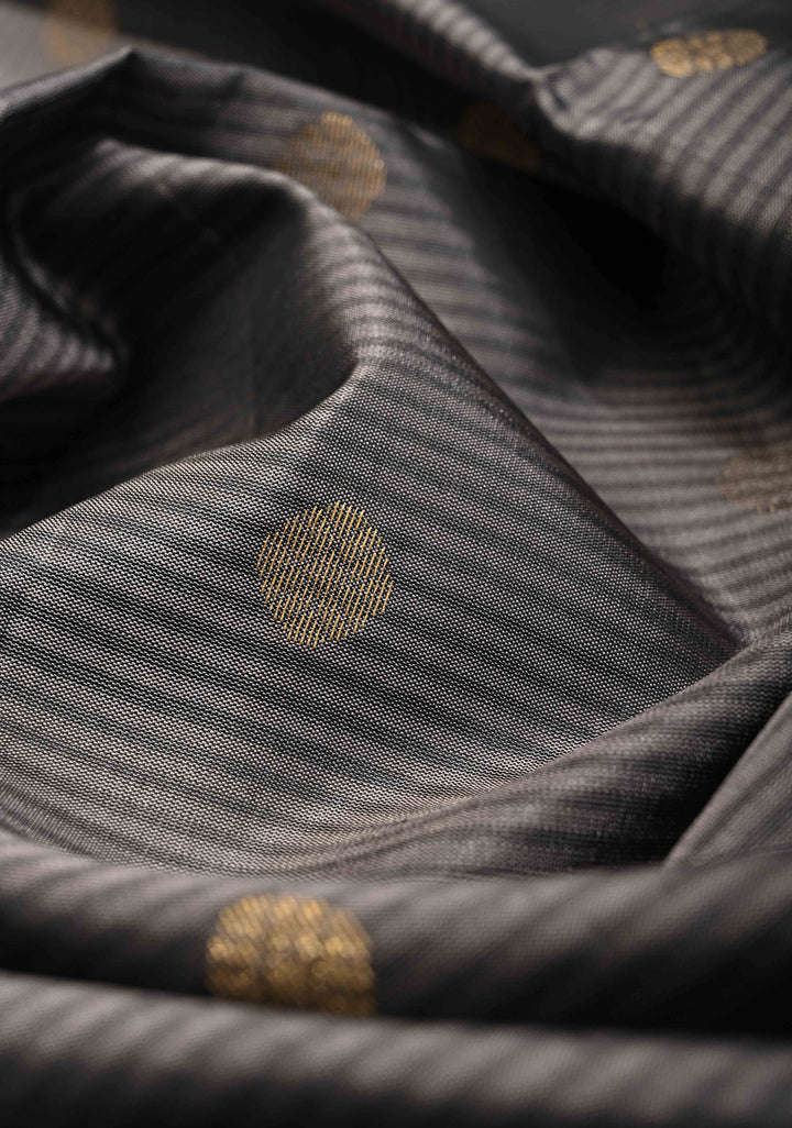 Cement Gray Pure Kanjivaram Soft Silk Saree with Zari Buttas and Contrast Turquoise Blue Rettiapet Zari Border | SILK MARK CERTIFIED