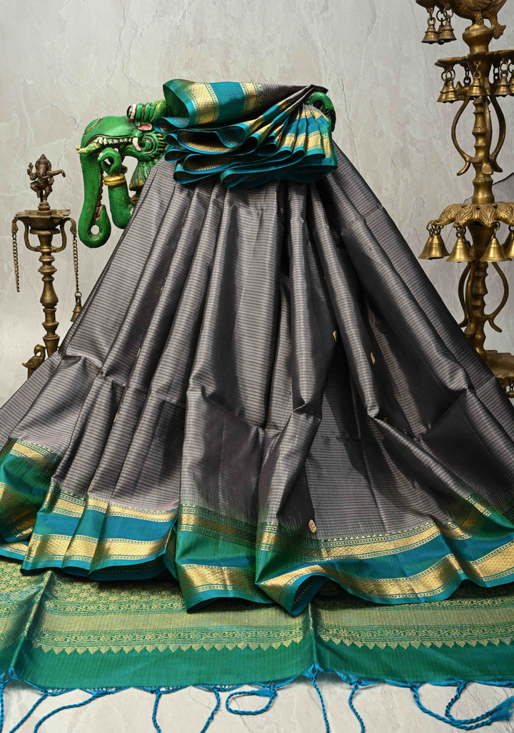 Cement Gray Pure Kanjivaram Soft Silk Saree with Zari Buttas and Contrast Turquoise Blue Rettiapet Zari Border | SILK MARK CERTIFIED