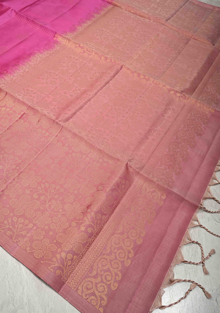 Magenta Zari Stripes on Pure Kanjivaram Soft Silk Saree with Zari Buttas and Contrast Border | SILK MARK CERTIFIED