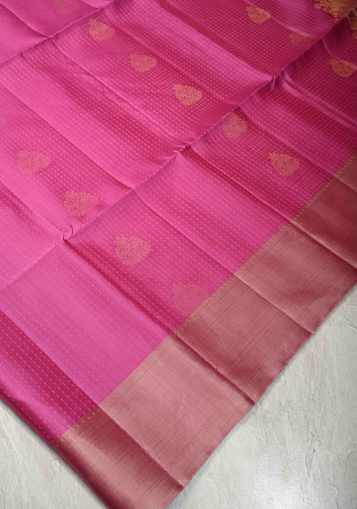 Magenta Zari Stripes on Pure Kanjivaram Soft Silk Saree with Zari Buttas and Contrast Border | SILK MARK CERTIFIED