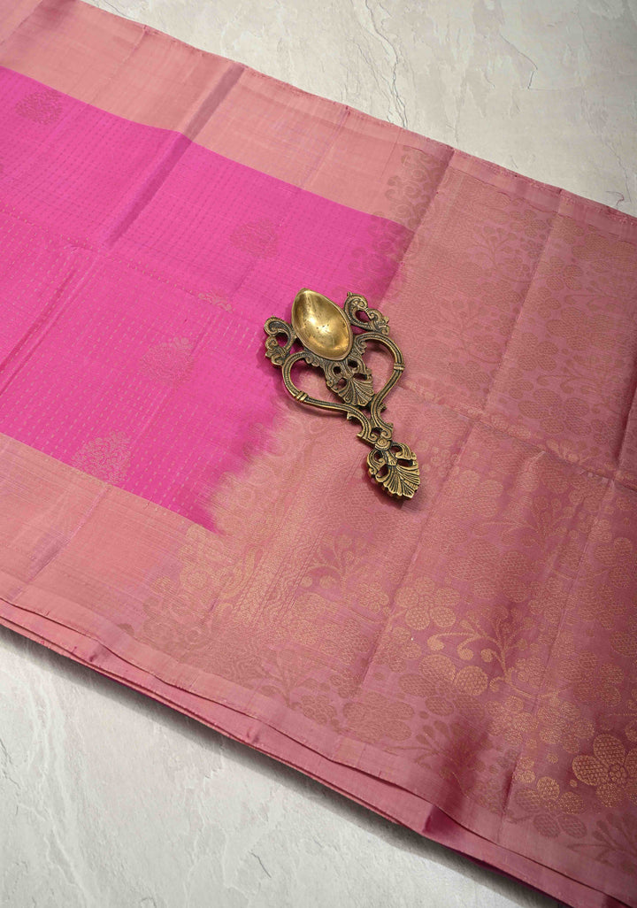 Magenta Zari Stripes on Pure Kanjivaram Soft Silk Saree with Zari Buttas and Contrast Border | SILK MARK CERTIFIED