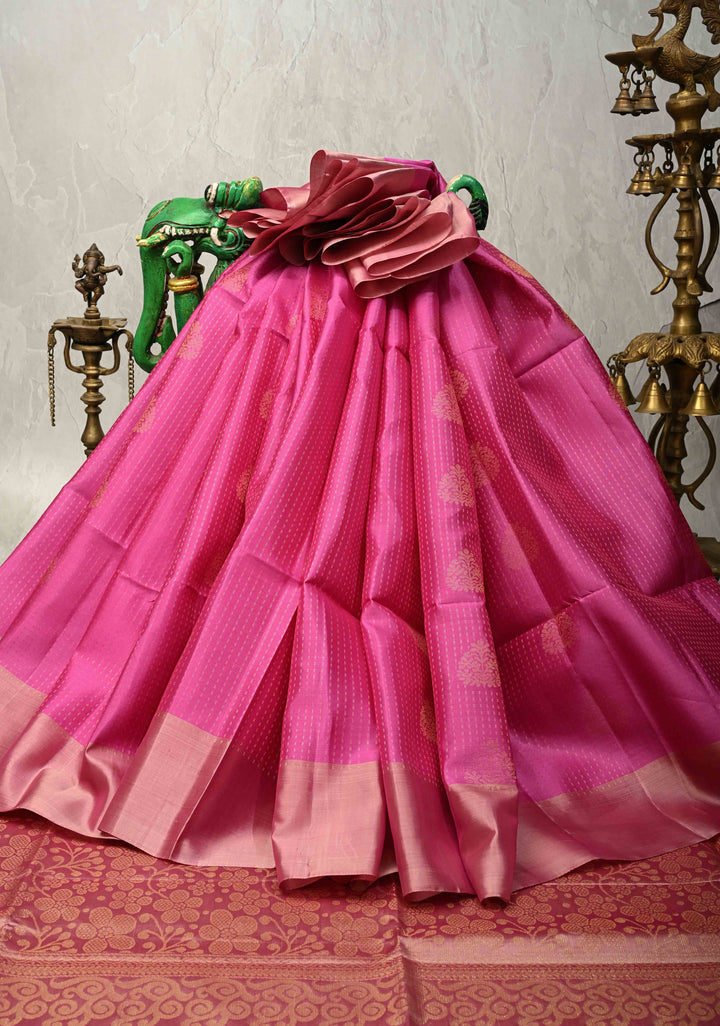 Magenta Zari Stripes on Pure Kanjivaram Soft Silk Saree with Zari Buttas and Contrast Border | SILK MARK CERTIFIED