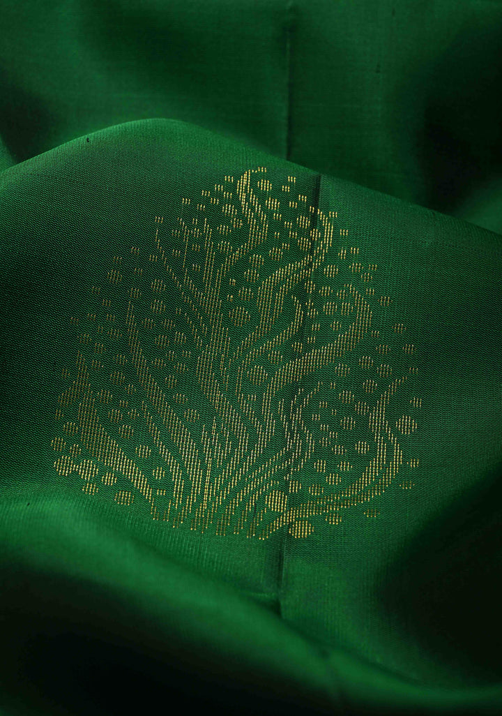 Deep Green Lightweight Pure Kanjivaram Soft Silk Saree with Zari Buttas and Contrast Border | SILK MARK CERTIFIED