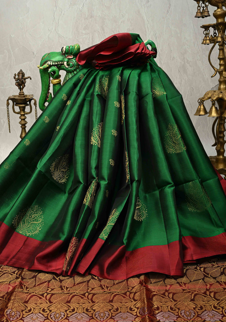 Deep Green Lightweight Pure Kanjivaram Soft Silk Saree with Zari Buttas and Contrast Border | SILK MARK CERTIFIED