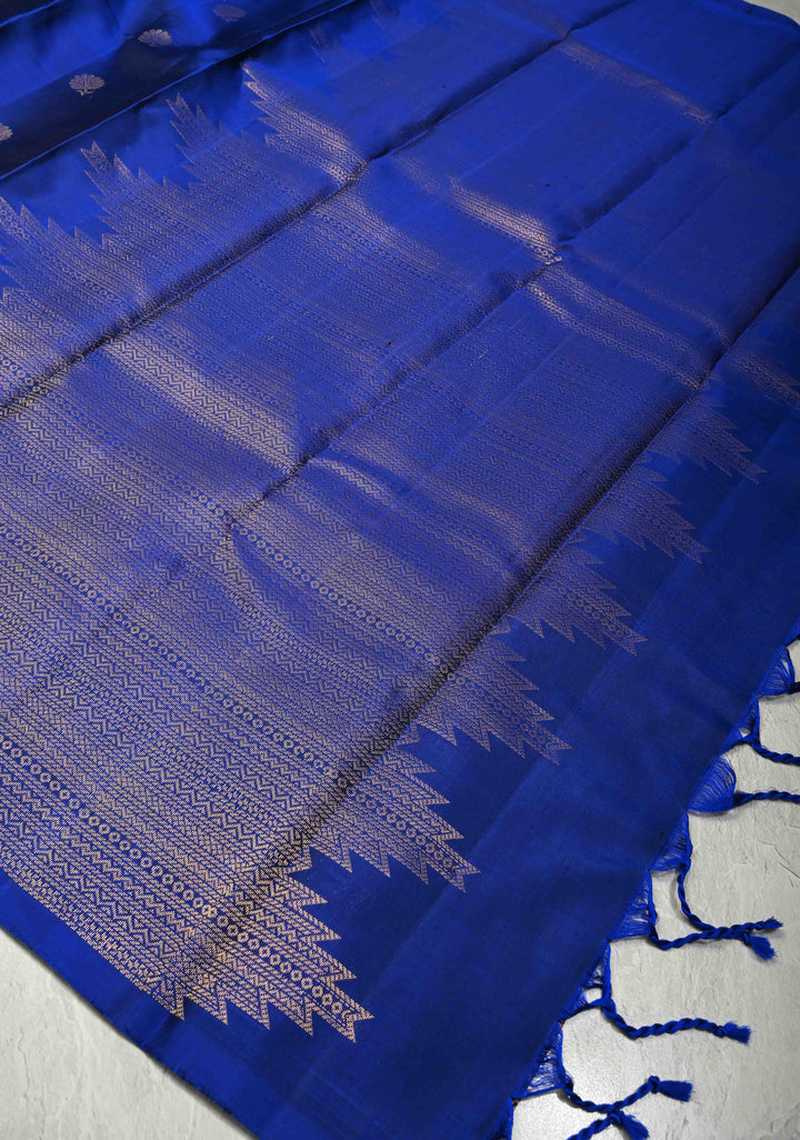 Deep Royal Blue Kanjivaram Soft Silk Saree with Floral Zari Buttas and One Side Temple Zari Border | SILK MARK CERTIFIED