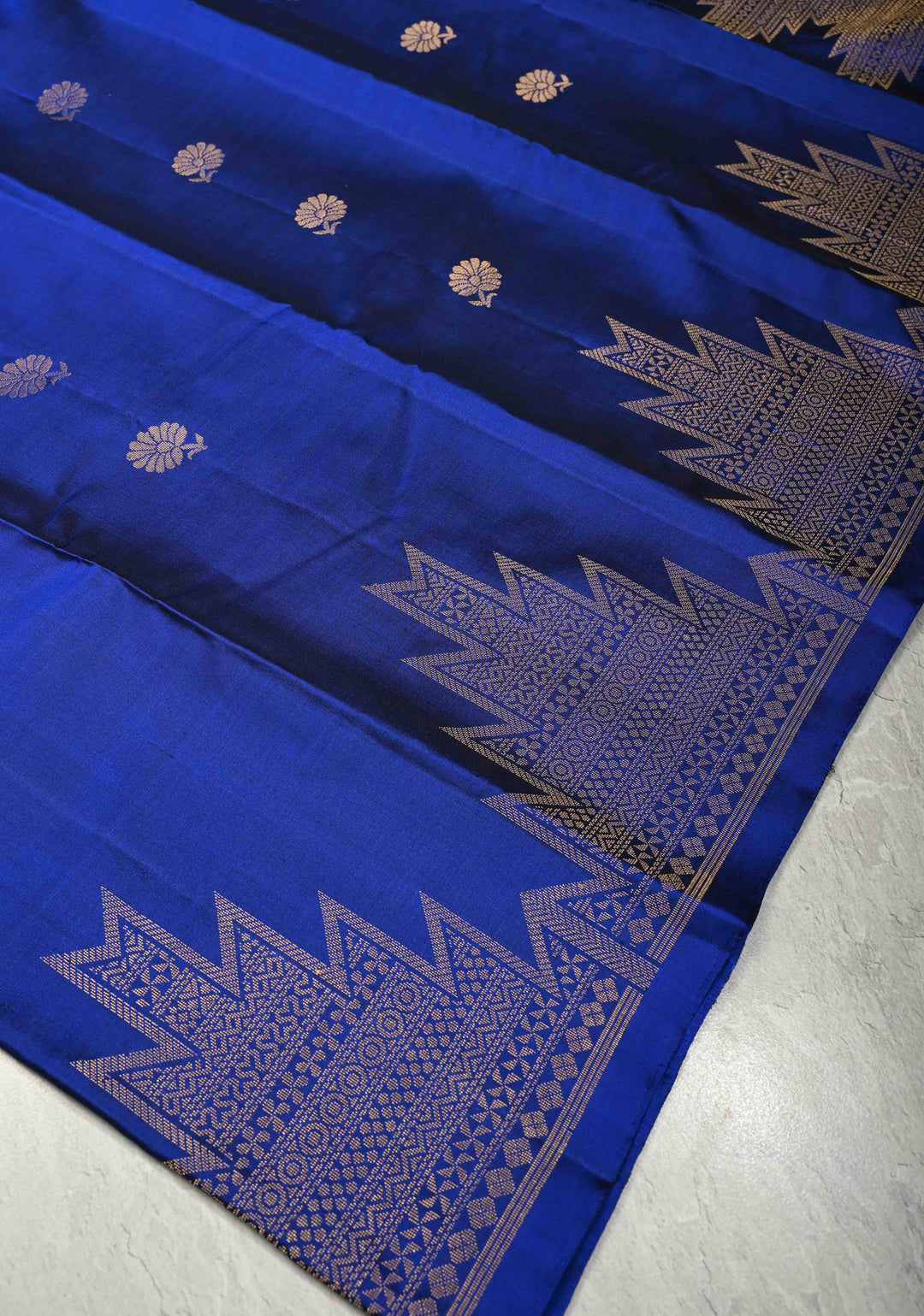 Deep Royal Blue Kanjivaram Soft Silk Saree with Floral Zari Buttas and One Side Temple Zari Border | SILK MARK CERTIFIED