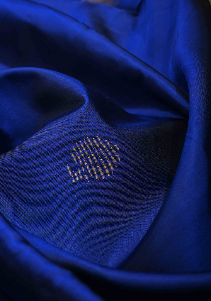Deep Royal Blue Kanjivaram Soft Silk Saree with Floral Zari Buttas and One Side Temple Zari Border | SILK MARK CERTIFIED