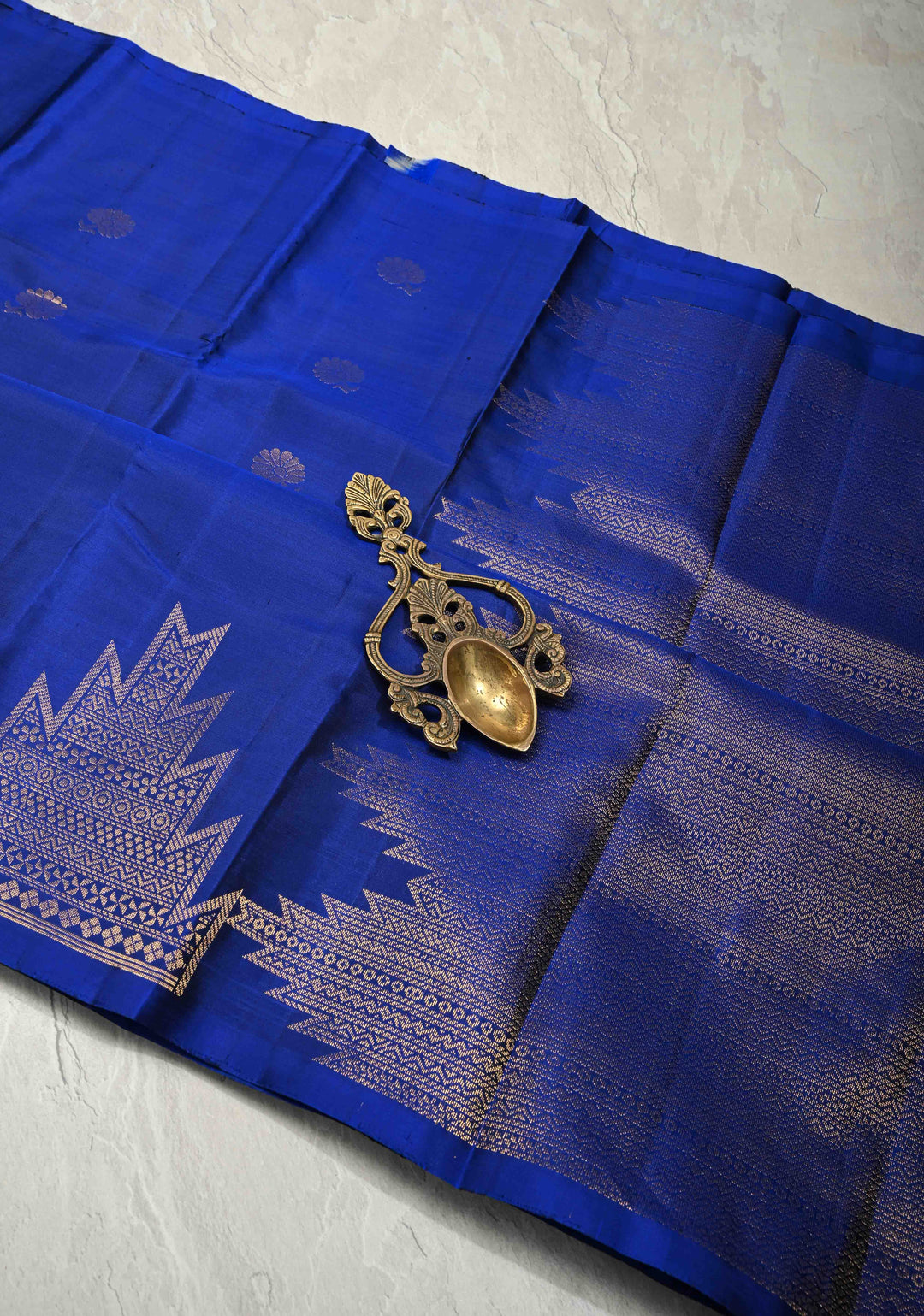 Deep Royal Blue Kanjivaram Soft Silk Saree with Floral Zari Buttas and One Side Temple Zari Border | SILK MARK CERTIFIED