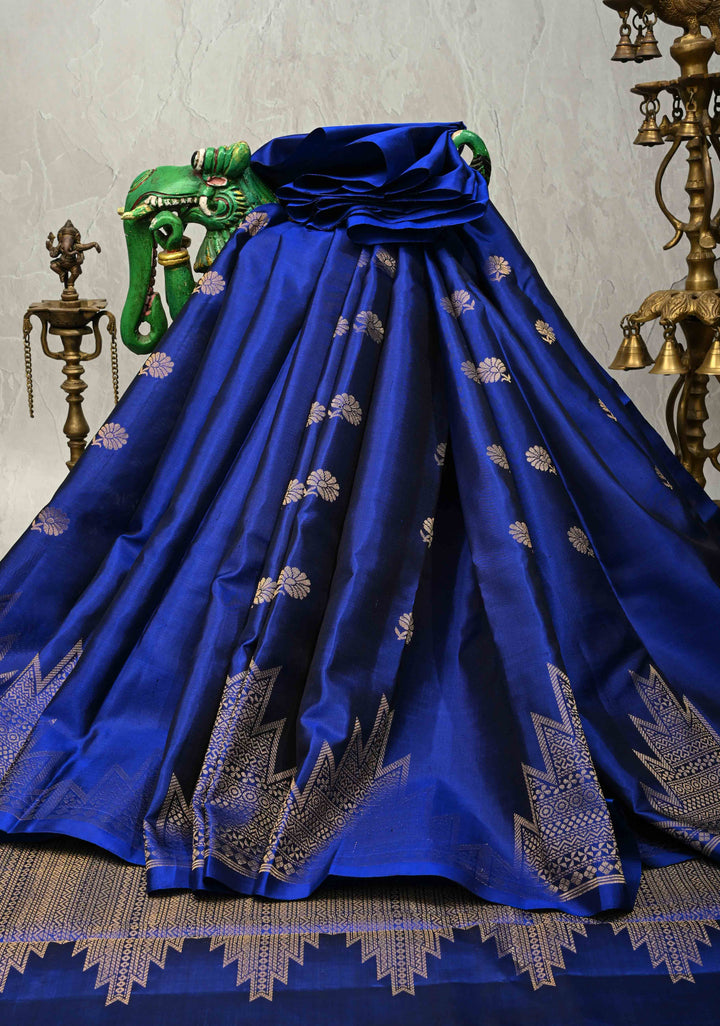 Deep Royal Blue Kanjivaram Soft Silk Saree with Floral Zari Buttas and One Side Temple Zari Border | SILK MARK CERTIFIED