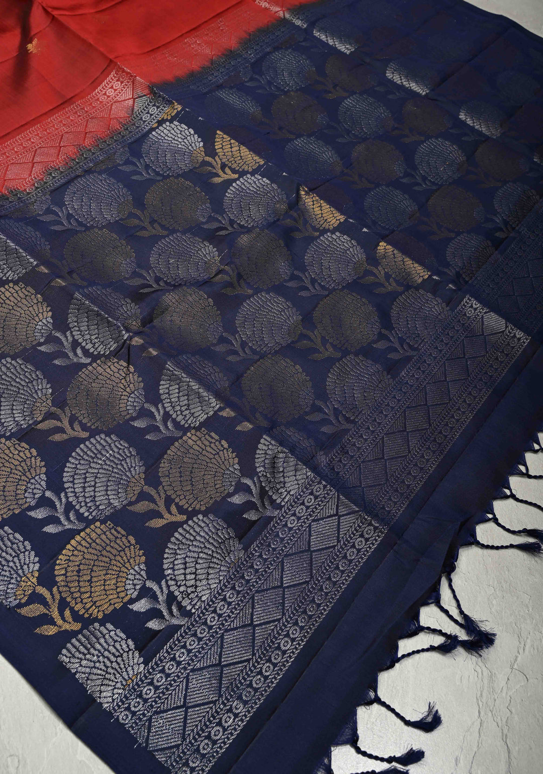 Brick Maroon Pure Kanjivaram Soft Silk Saree with Gold-Silver Floral Buttas and Contrast Navy Blue Border | SILK MARK CERTIFIED