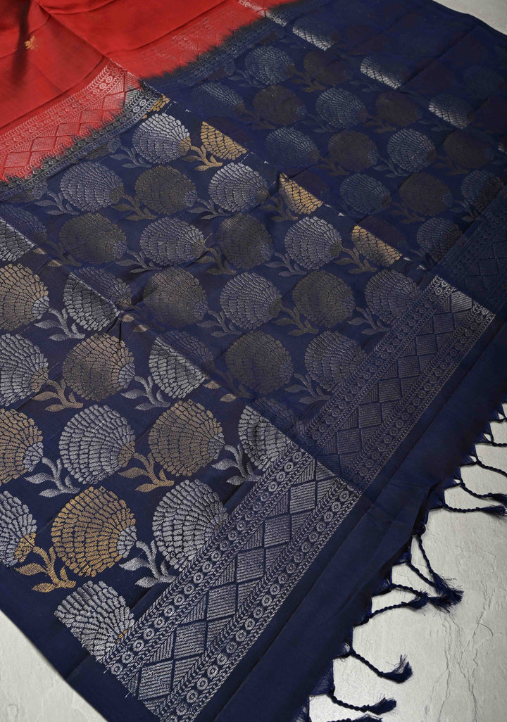Brick Maroon Pure Kanjivaram Soft Silk Saree with Gold-Silver Floral Buttas and Contrast Navy Blue Border | SILK MARK CERTIFIED