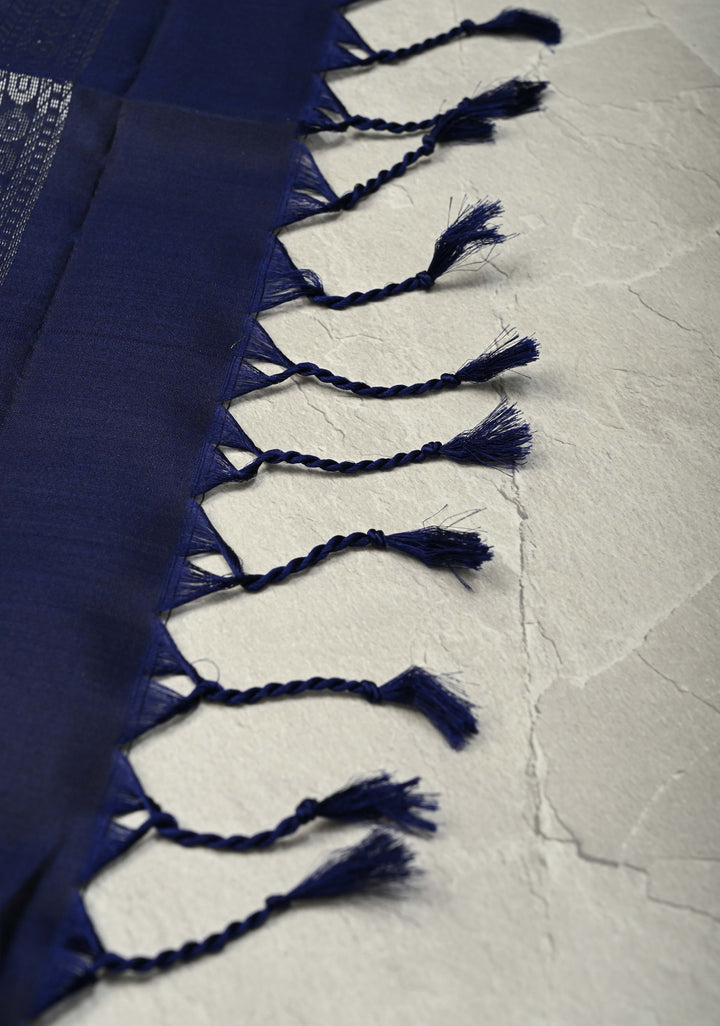 Brick Maroon Pure Kanjivaram Soft Silk Saree with Gold-Silver Floral Buttas and Contrast Navy Blue Border | SILK MARK CERTIFIED