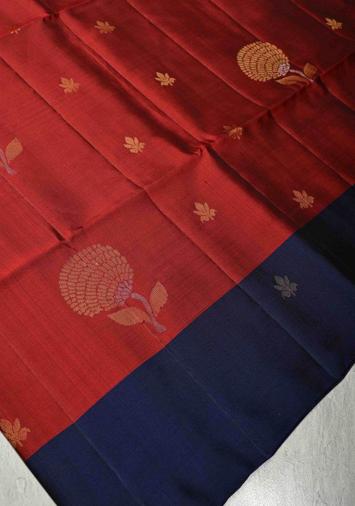 Brick Maroon Pure Kanjivaram Soft Silk Saree with Gold-Silver Floral Buttas and Contrast Navy Blue Border | SILK MARK CERTIFIED