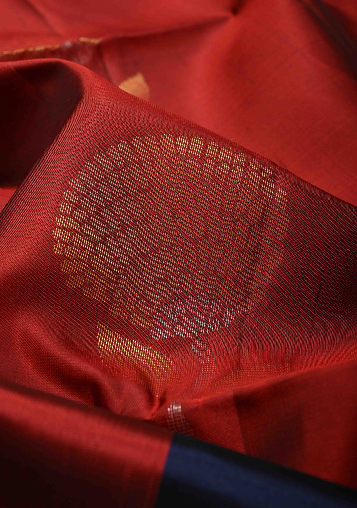 Brick Maroon Pure Kanjivaram Soft Silk Saree with Gold-Silver Floral Buttas and Contrast Navy Blue Border | SILK MARK CERTIFIED