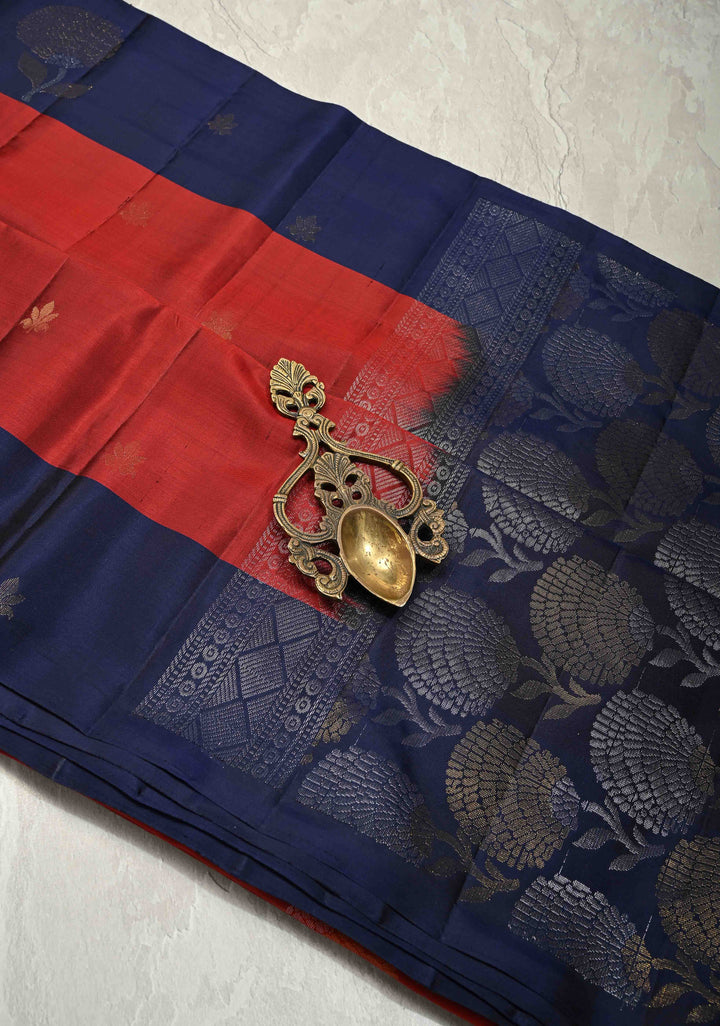 Brick Maroon Pure Kanjivaram Soft Silk Saree with Gold-Silver Floral Buttas and Contrast Navy Blue Border | SILK MARK CERTIFIED