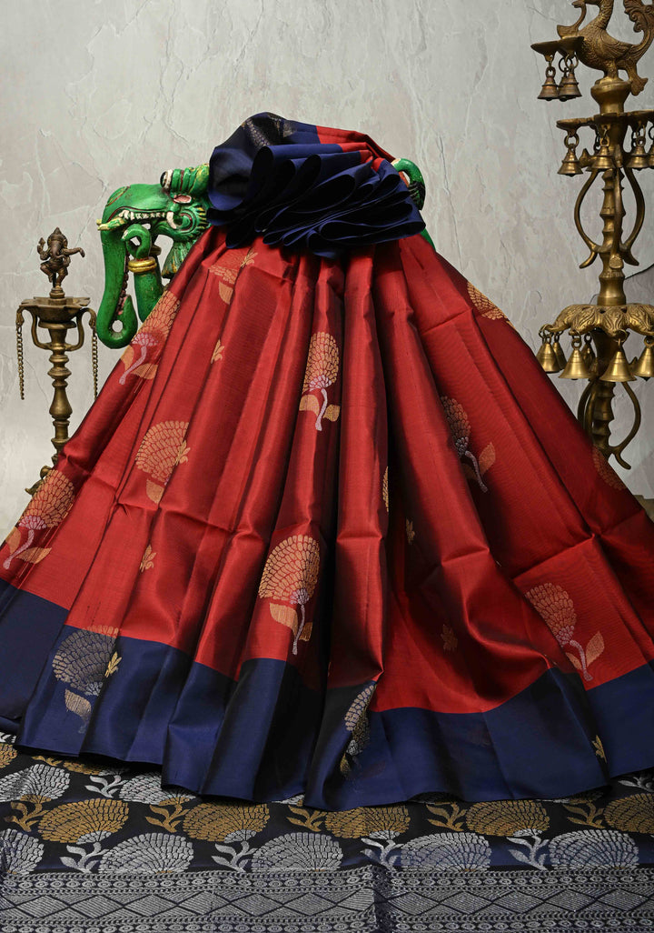 Brick Maroon Pure Kanjivaram Soft Silk Saree with Gold-Silver Floral Buttas and Contrast Navy Blue Border | SILK MARK CERTIFIED
