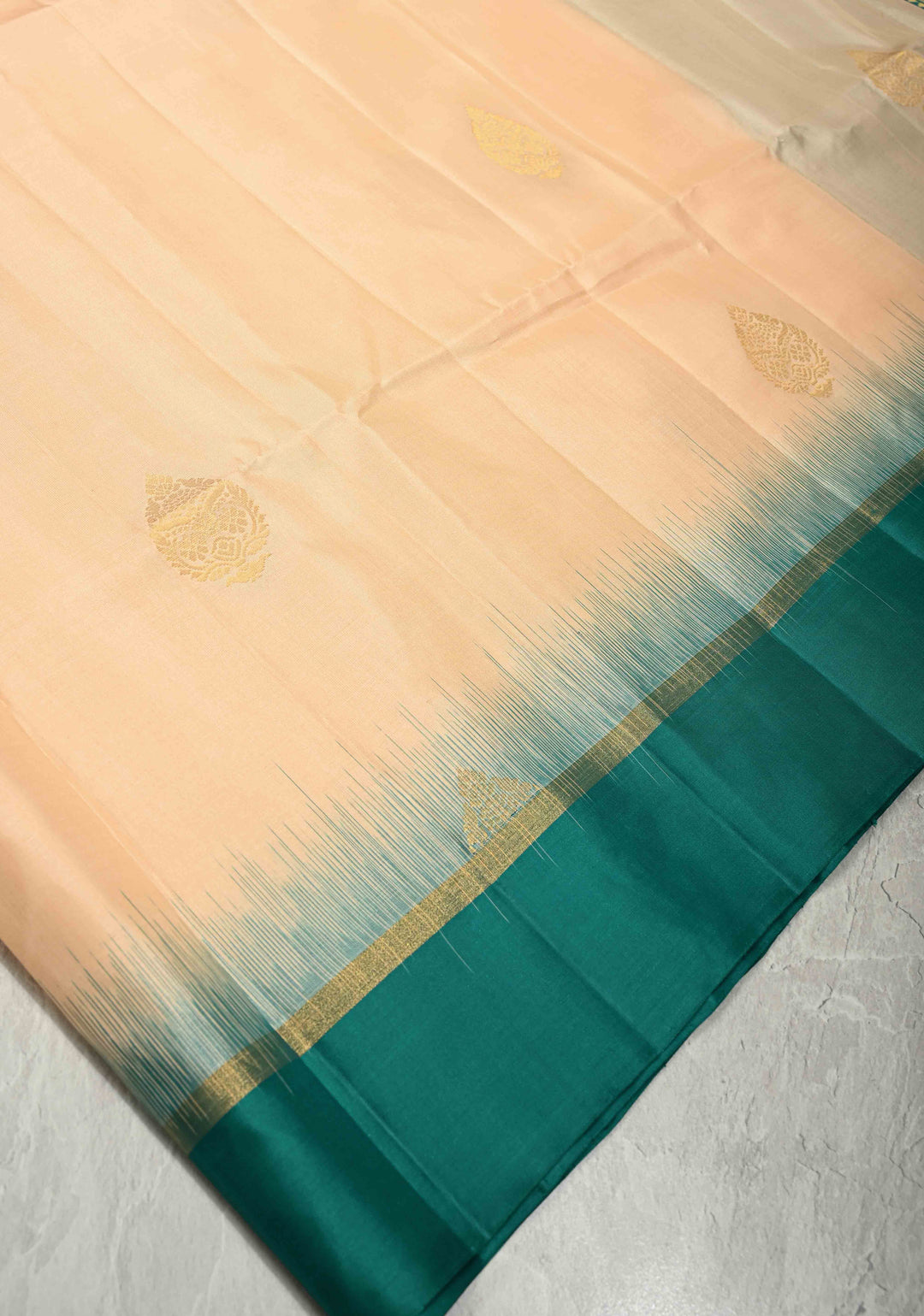 Lightweight Peach Pure Kanjivaram Soft Silk Saree with Zari Buttas and Contrast Border | SILK MARK CERTIFIED | SHOBITAM