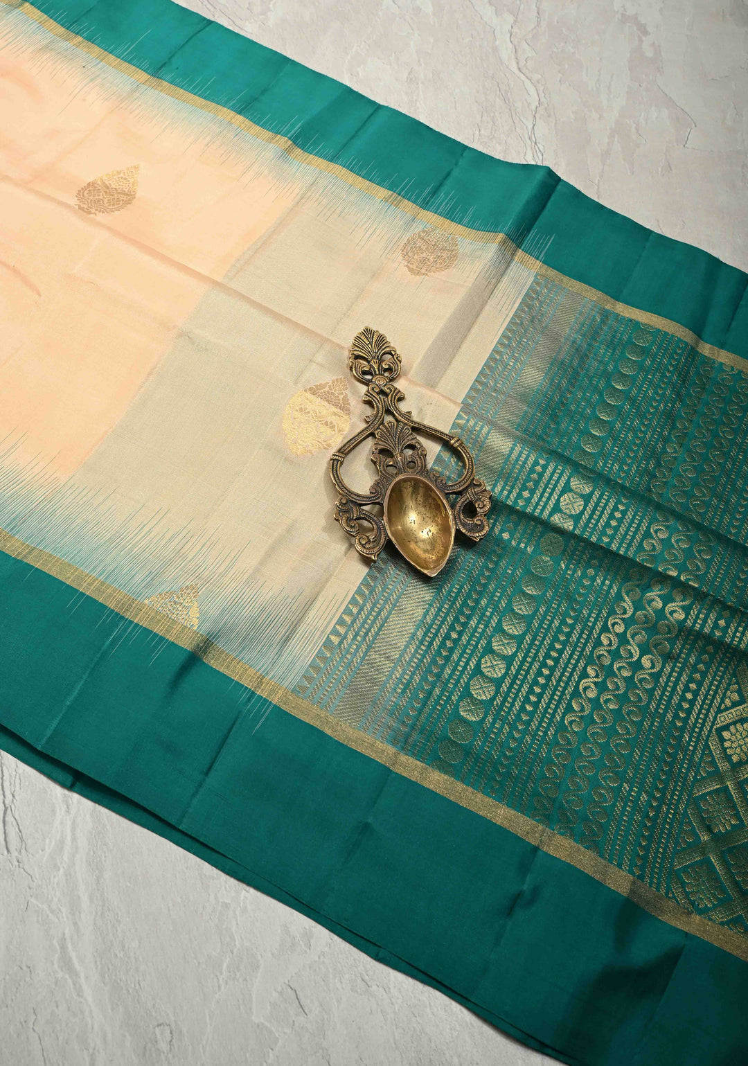 Lightweight Peach Pure Kanjivaram Soft Silk Saree with Zari Buttas and Contrast Border | SILK MARK CERTIFIED | SHOBITAM