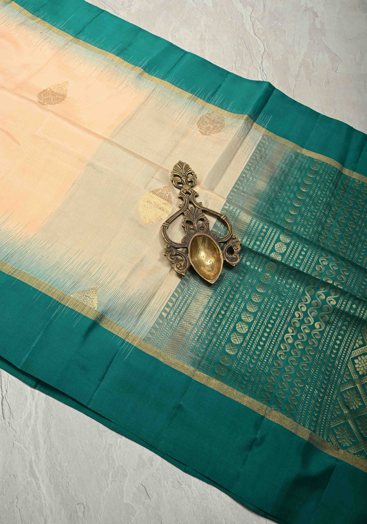 Lightweight Peach Pure Kanjivaram Soft Silk Saree with Zari Buttas and Contrast Border | SILK MARK CERTIFIED | SHOBITAM