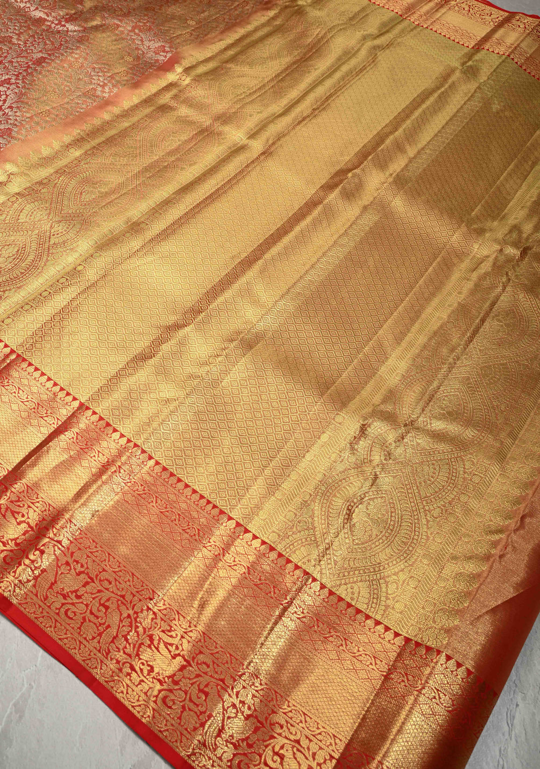 Pink-Gold Dual Tone Tissue Kanjivaram Pure Silk Saree with Meenakari Floral jaal Brocade and Zari Border | SILK MARK CERTIFIED