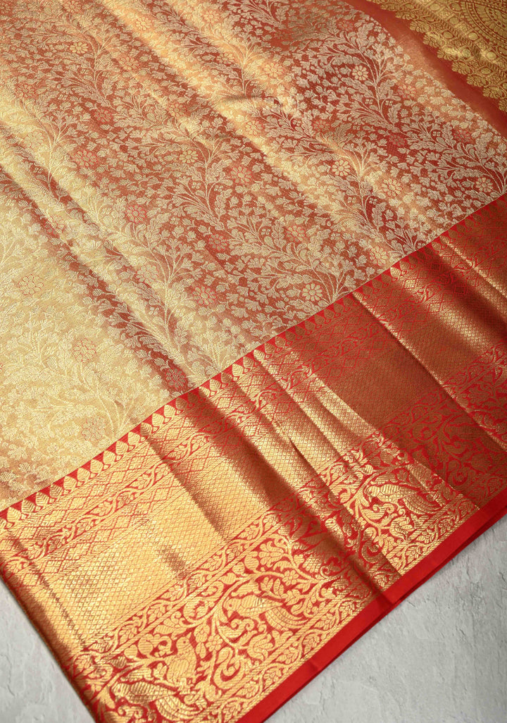 Pink-Gold Dual Tone Tissue Kanjivaram Pure Silk Saree with Meenakari Floral jaal Brocade and Zari Border | SILK MARK CERTIFIED
