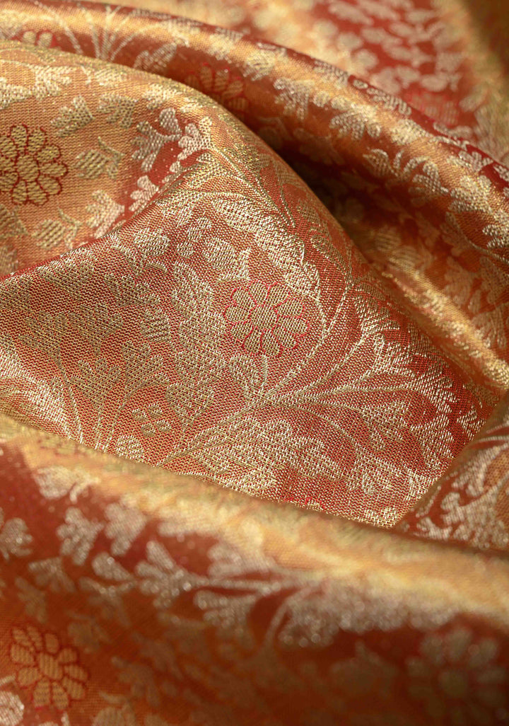 Pink-Gold Dual Tone Tissue Kanjivaram Pure Silk Saree with Meenakari Floral jaal Brocade and Zari Border | SILK MARK CERTIFIED