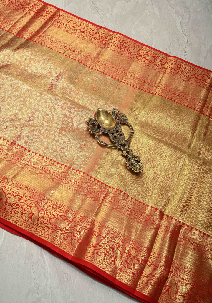 Pink-Gold Dual Tone Tissue Kanjivaram Pure Silk Saree with Meenakari Floral jaal Brocade and Zari Border | SILK MARK CERTIFIED