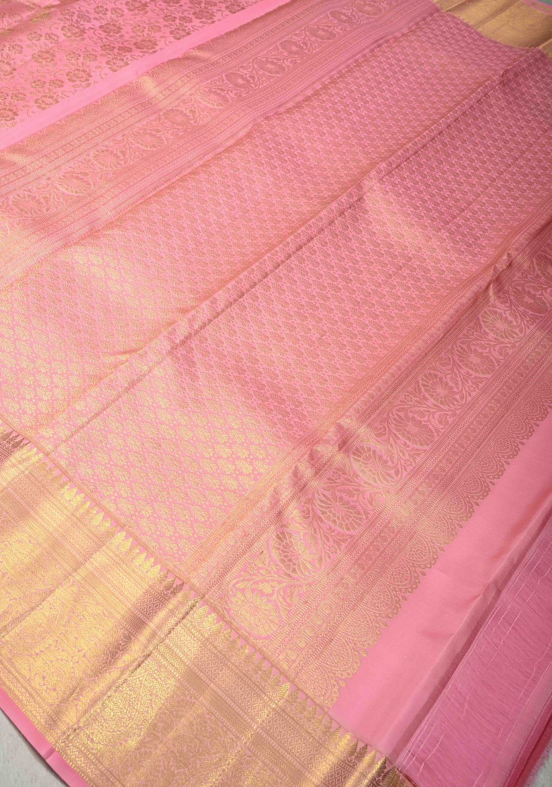 Dusty Rose Kanjivaram Soft Silk Saree with Floral Brocade Jaal and Zari Border | SILK MARK CERTIFIED